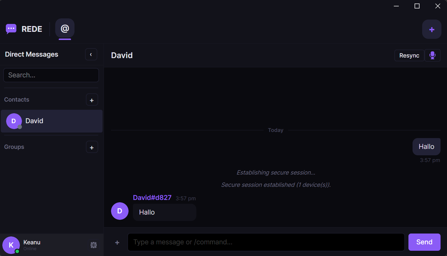 Rede Desktop-Client: Direct Message mit etablierter E2EE-Session