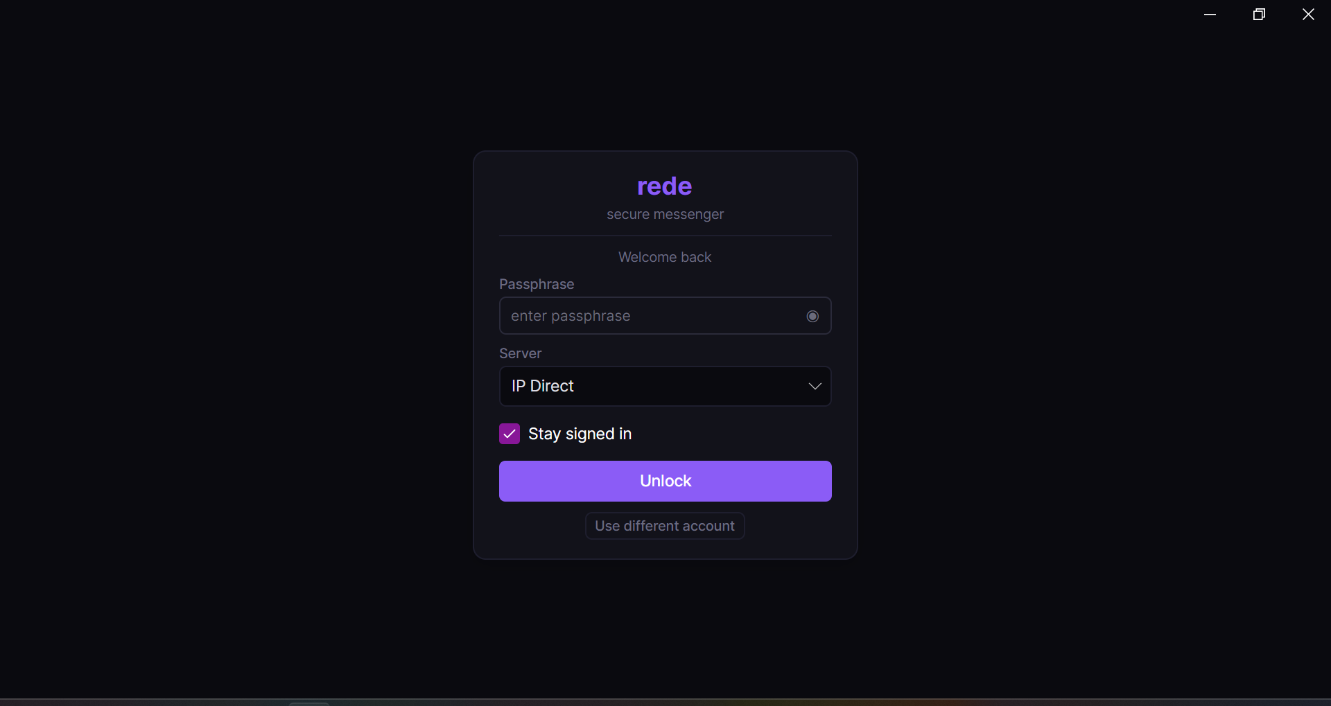Rede Login-Screen: Passphrase und Server-Auswahl, Stay signed in