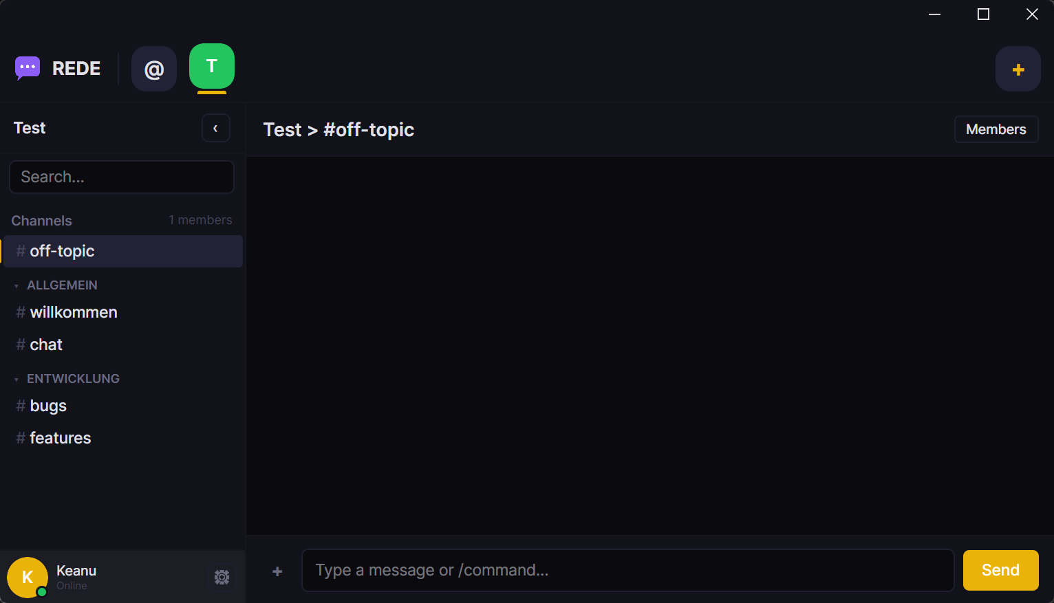 Rede Places: Discord-ähnliche Server mit Kanälen wie off-topic, willkommen, chat, bugs, features