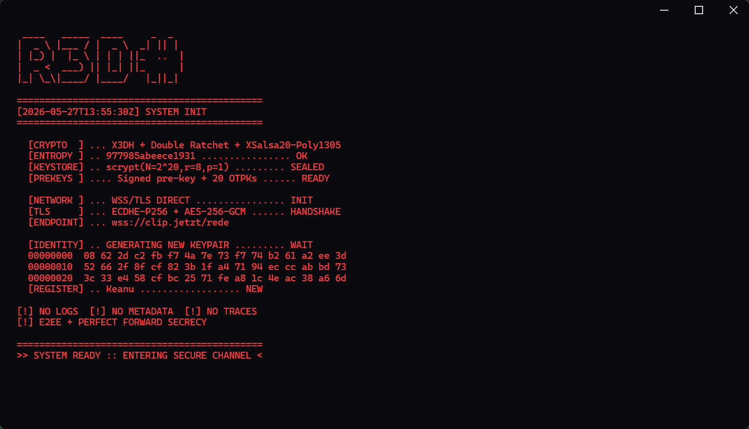 Rede Terminal-Client v1 Startbildschirm: System-Init mit X3DH, Double Ratchet, XSalsa20-Poly1305, Pre-Keys, Identity-Fingerprint